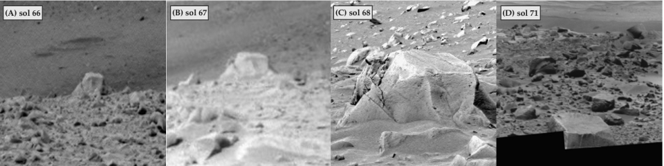 Figure 1. Composite image of four views of the same rock taken over a six day period. The Figures 1 (A-C) were cropped from the following raw images: (A) 2N132225946EFF1700P1943L0M1.JPG, (B) 2F132317126EFF17B8P1201L0M1.JPG, (C) 2P132403274EFF1800P2286L5M1.JPG. Figure 1 (D) was cropped from a composite panorama image PIA05928.JPG. The date, sol 71 is an extrapolation made necessary because NONE of the constituent images NASA used to construct the panorama are available to the public. Additionally, there is no date information available, only a reference to time of day. Differences in apparent height to width ratios between the different views reflects the use of varying image correction settings by NASA technicians.